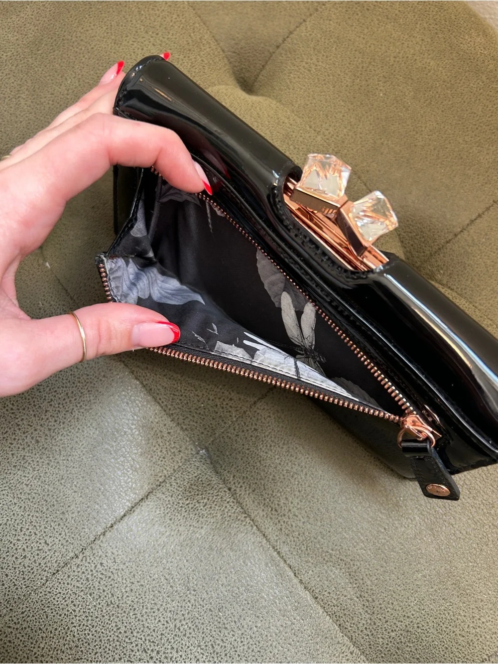 Ted Baker Black Patent Wallet with Crystal Kiss-Lock